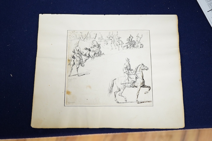 Carle Vernet (French, 1758-1836), Procession of military figures on horseback, signed in pencil lower left, pen and ink study on paper, 12 x 13cm, mounted, unframed